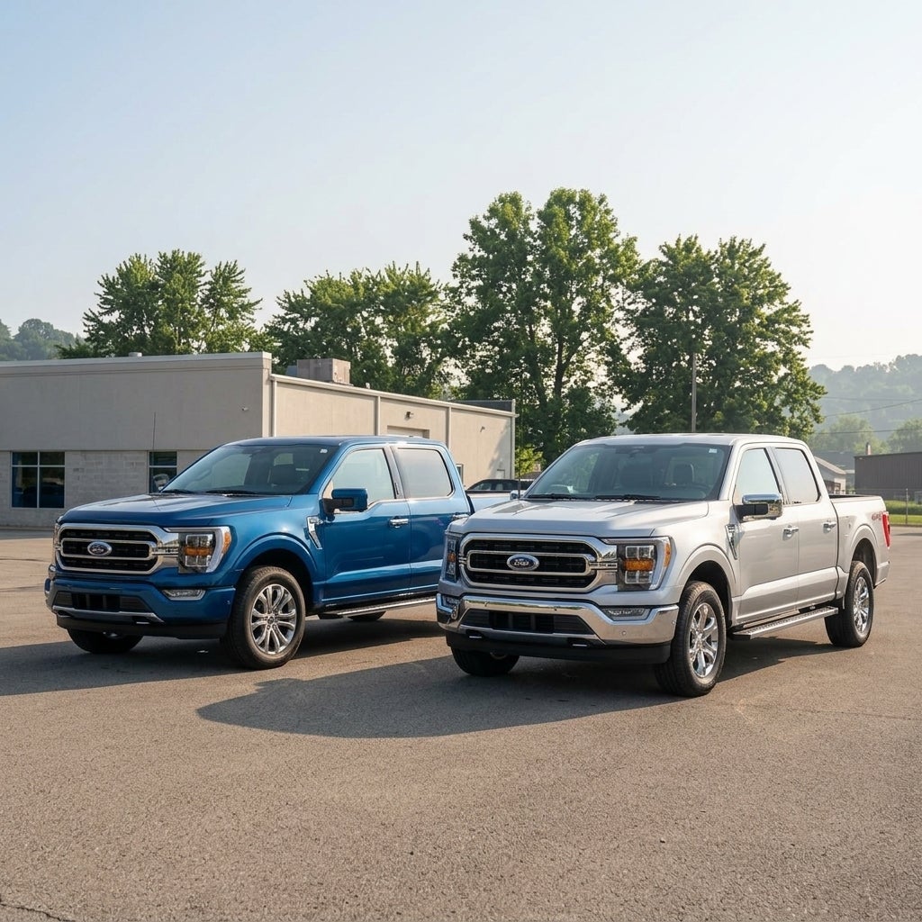 A 2026 Ford F-150 Lariat and an F-150 XLT with the Chrome Package parked side-by-side on a clean, paved Ford dealership lot in East Liverpool, Ohio, realistic low-angle wide shot, bright and hazy June afternoon sunlight, soft summer shadows on the pavement, the Lariat in a deep metallic blue with pr