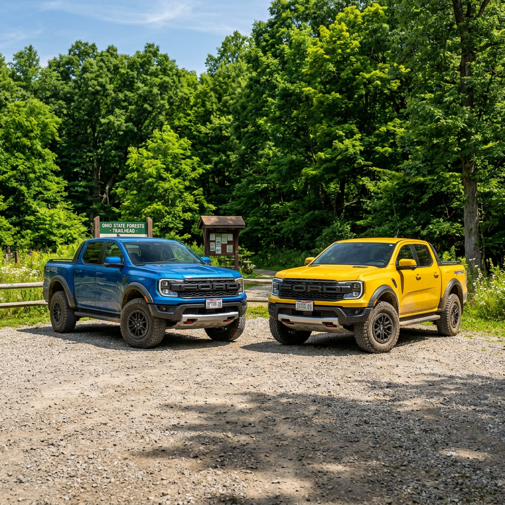 A blue Ford Ranger Raptor and a yellow Ford Ranger Raptor parked side-by-side in a gravel lot near a forest trailhead. (Representative image for illustration purposes only. Actual vehicle may vary based on trim and configuration.)