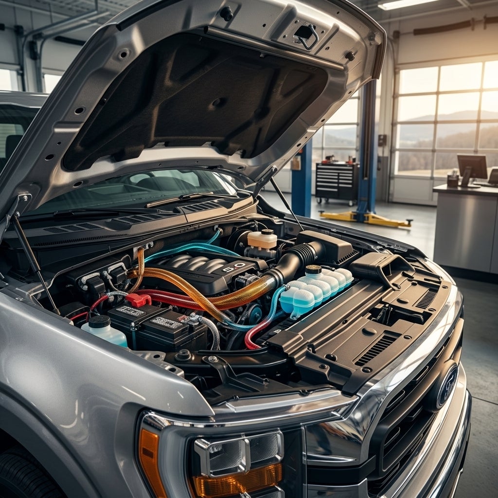 A cinematic, low-angle shot of a 2026 Ford F-150 XLT parked inside a modern, clean service bay in East Liverpool, Ohio, the hood is open to reveal a powerful 5.0L V8 engine, the focal point is the intricate network of reservoirs and translucent lines filled with vibrant, glowing automotive fluids, a