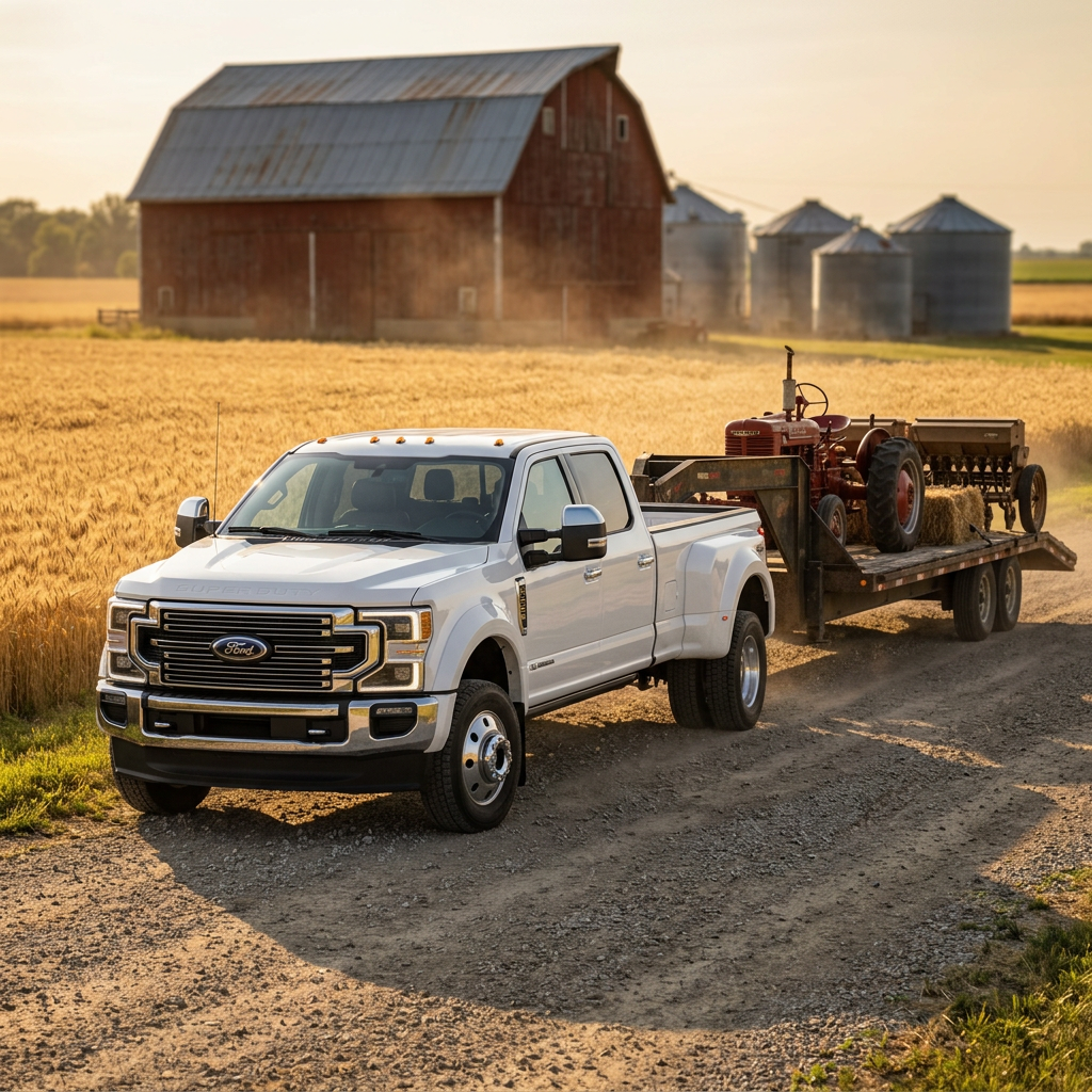 A white Ford Super Duty dually pickup truck towing a trailer with a vintage red tractor down a dirt road past a barn. (Representative image for illustration purposes only. Actual vehicle may vary based on trim and configuration.)