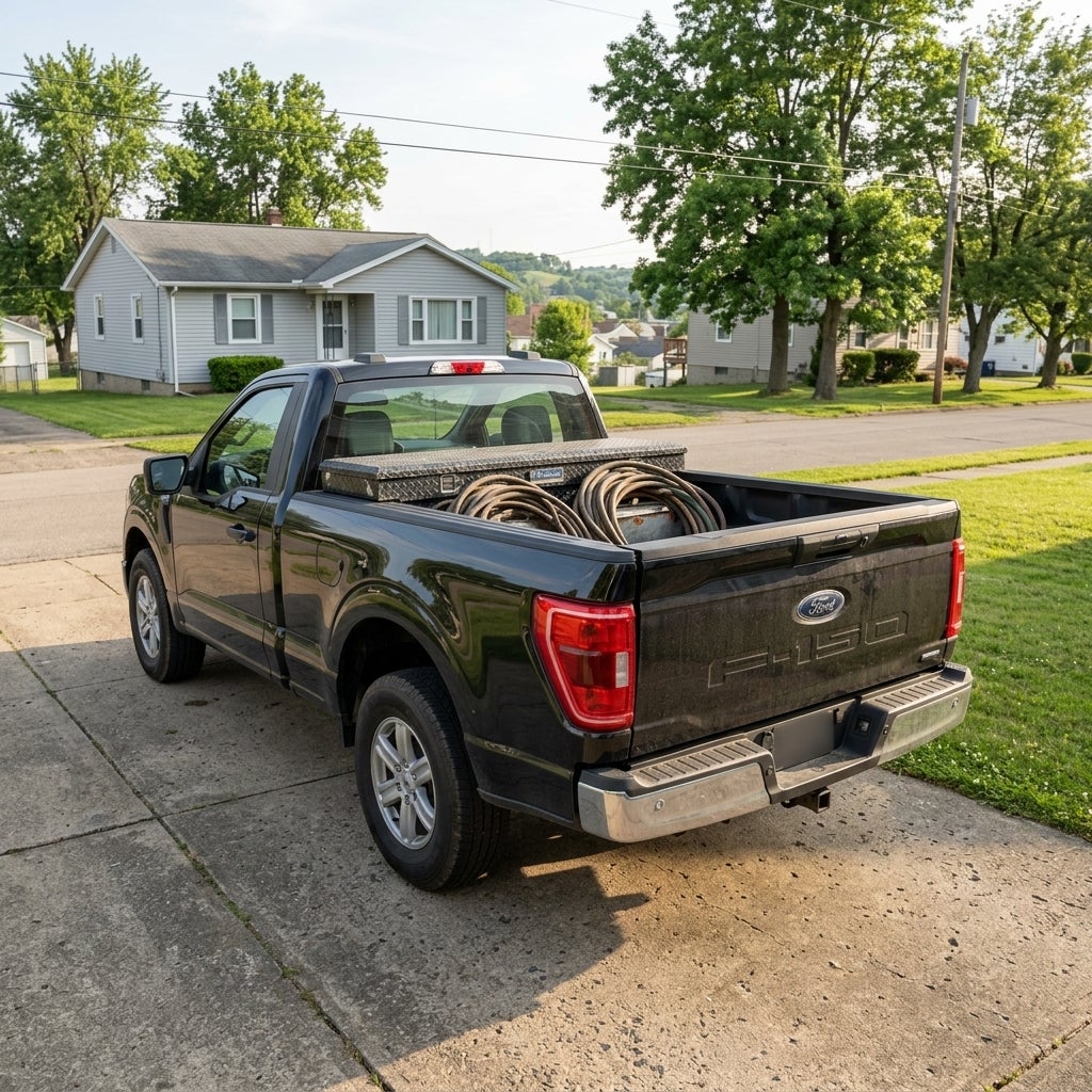 A detailed, wide-angle shot of a 2026 Ford F-150 parked on a concrete driveway in a modest, working-class residential neighborhood in East Liverpool, Ohio, the truck is the clear focal point, its tailgate is slightly ajar showing a noticeable misalignment with the rear bed panels, a subtle gap is vi