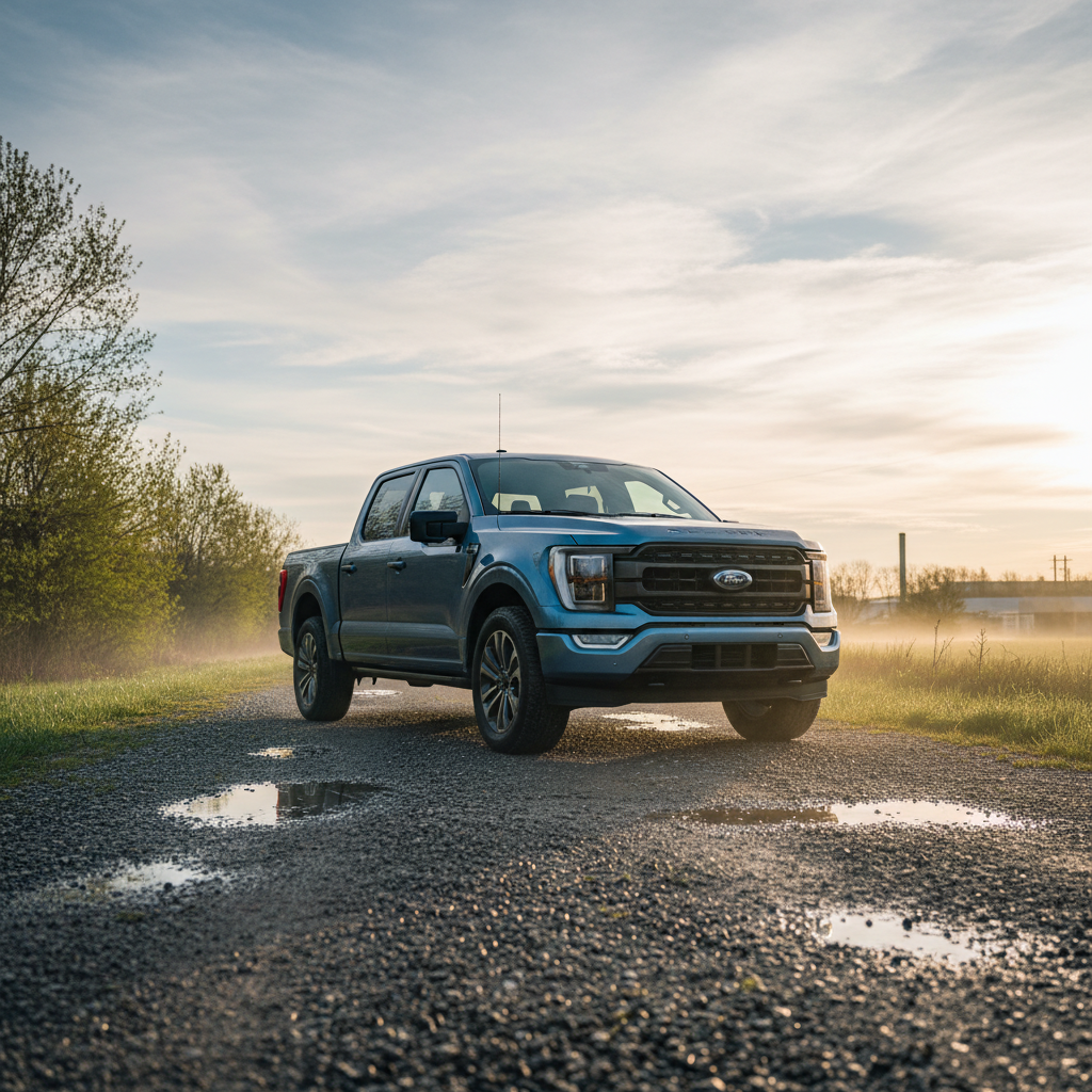 Front 3/4 view of the 2026 Ford F-150 Platinum in the morning sun