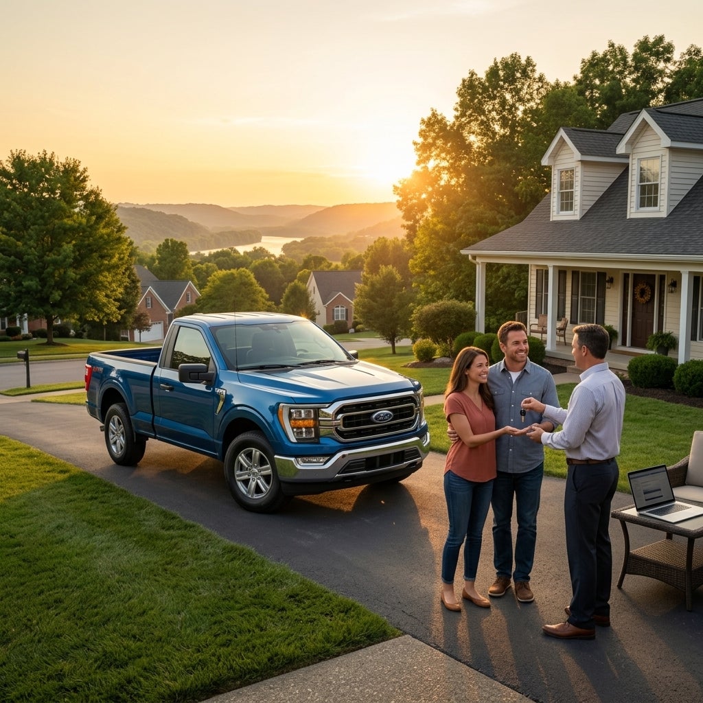 Cinematic wide shot, a gleaming metallic blue Ford F-150 pickup truck parked in the paved driveway of a cozy traditional American home, scenic rolling hills of the Ohio River valley in the background under a soft golden hour sunset, a professional dealership representative handing keys to a smiling 