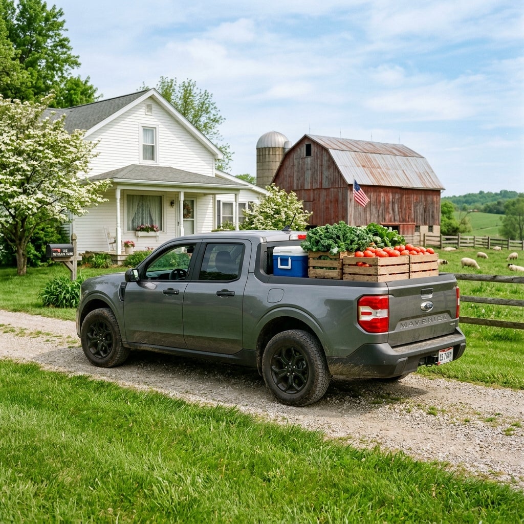 2026 Ford Maverick compact pickup truck, parked on a narrow gravel driveway of a small family farm in Springfield Township, Ohio, side profile view, truck bed loaded with stacked wooden crates of vibrant green kale and bright red tomatoes, a medium-sized cooler tucked in the corner, low bed-side hei