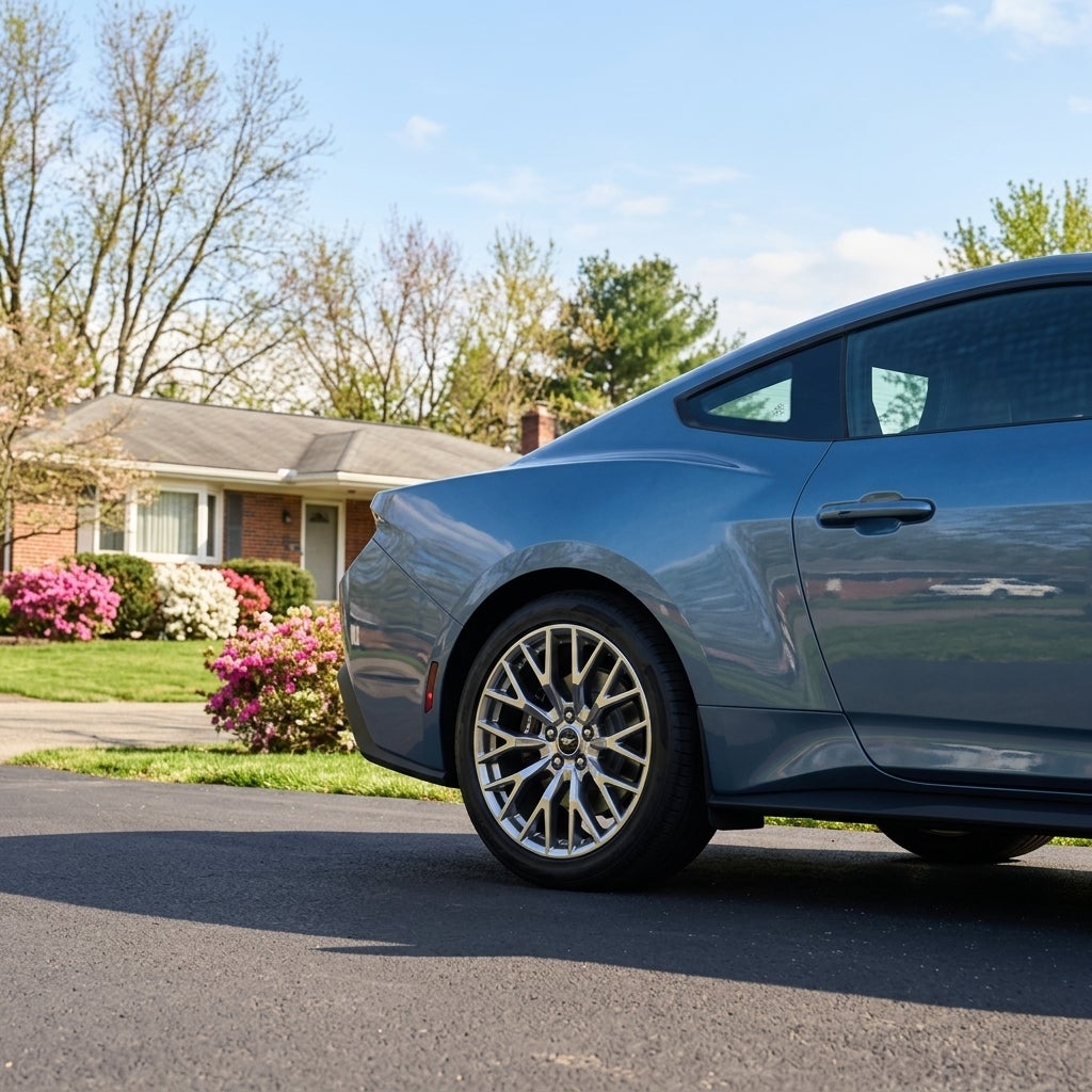 2026 Ford Mustang GT, modern performance fastback, Vapor Blue Metallic paint, parked in a tidy paved driveway of a modest mid-century suburban home in Calcutta, Ohio, late spring afternoon, May 21st, bright clear sky with soft white clouds, lush green lawns, budding deciduous trees, flowering azalea