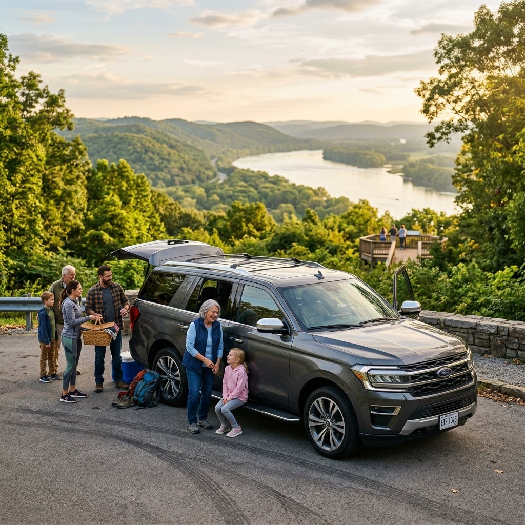 Photorealistic automotive photography of a 2026 Ford Expedition parked at a scenic overlook in the rolling hills of the Ohio River Valley, low-angle three-quarter view highlighting the vehicle's massive size and sleek metallic charcoal paint, a happy multigenerational family gathering near the open 
