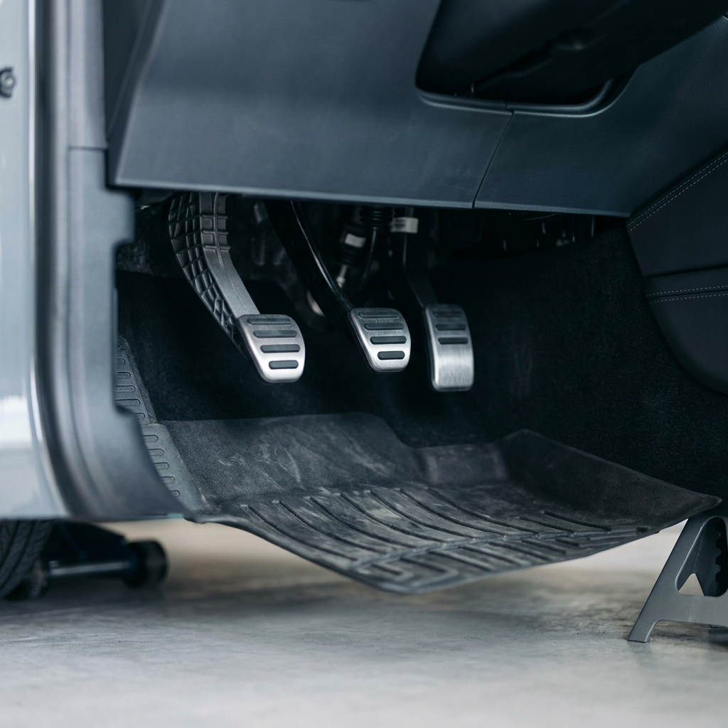 A close-up view of three aluminum car pedals under the dashboard of a vehicle. (Representative image for illustration purposes only. Actual vehicle may vary based on trim and configuration.)