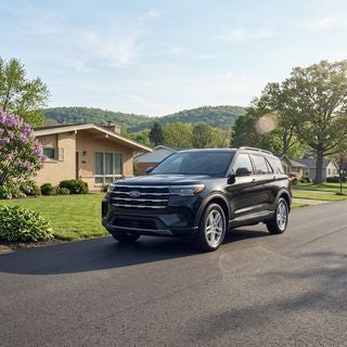 A cinematic wide shot of a pristine 2026 Ford Explorer parked on a clean, asphalt driveway of a modest, well-maintained mid-century ranch-style home in a quiet suburban neighborhood near East Liverpool, Ohio. The scene is set in late May, featuring lush green lawns, blooming local lilacs, and bright, clear morning sunlight that creates soft lens flares. In the background, rolling Appalachian foothills and a few mature oak trees define the horizon under a pale blue spring sky. The composition is a low-angle three-quarter view of the SUV, emphasizing its 7-passenger scale and polished finish. The atmosphere is peaceful and practical, reflecting a middle-class family preparing for a seasonal road trip. The lighting is warm and natural, casting long, soft shadows across the suburban street, with no people present, focusing entirely on the vehicle as a symbol of summer freedom.