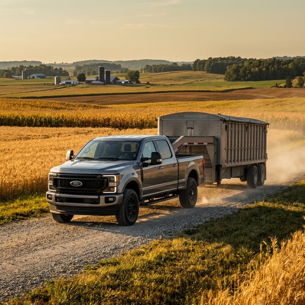Silver Ford Super Duty truck towing a large trailer down a gravel road through golden agricultural fields. (Representative image for illustration purposes only. Actual vehicle may vary based on trim and configuration.)