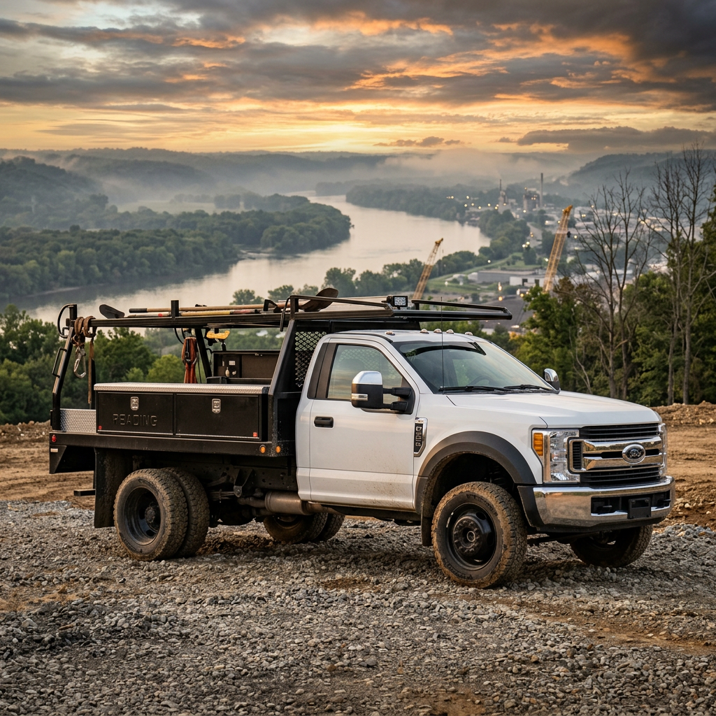 White Ford work truck with a utility bed parked on a dirt hill overlooking a river valley at sunset. (Representative image for illustration purposes only. Actual vehicle may vary based on trim and configuration.)