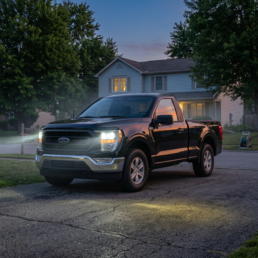 A black Ford F-150 pickup truck with headlights on parked in a suburban driveway at dusk.