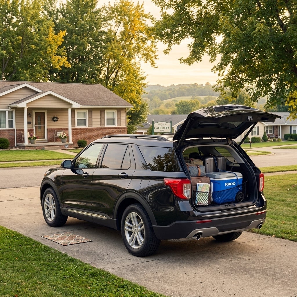 Black SUV with its trunk packed with luggage and a blue cooler in a suburban driveway. (Representative image for illustration purposes only. Actual vehicle may vary based on trim and configuration.)