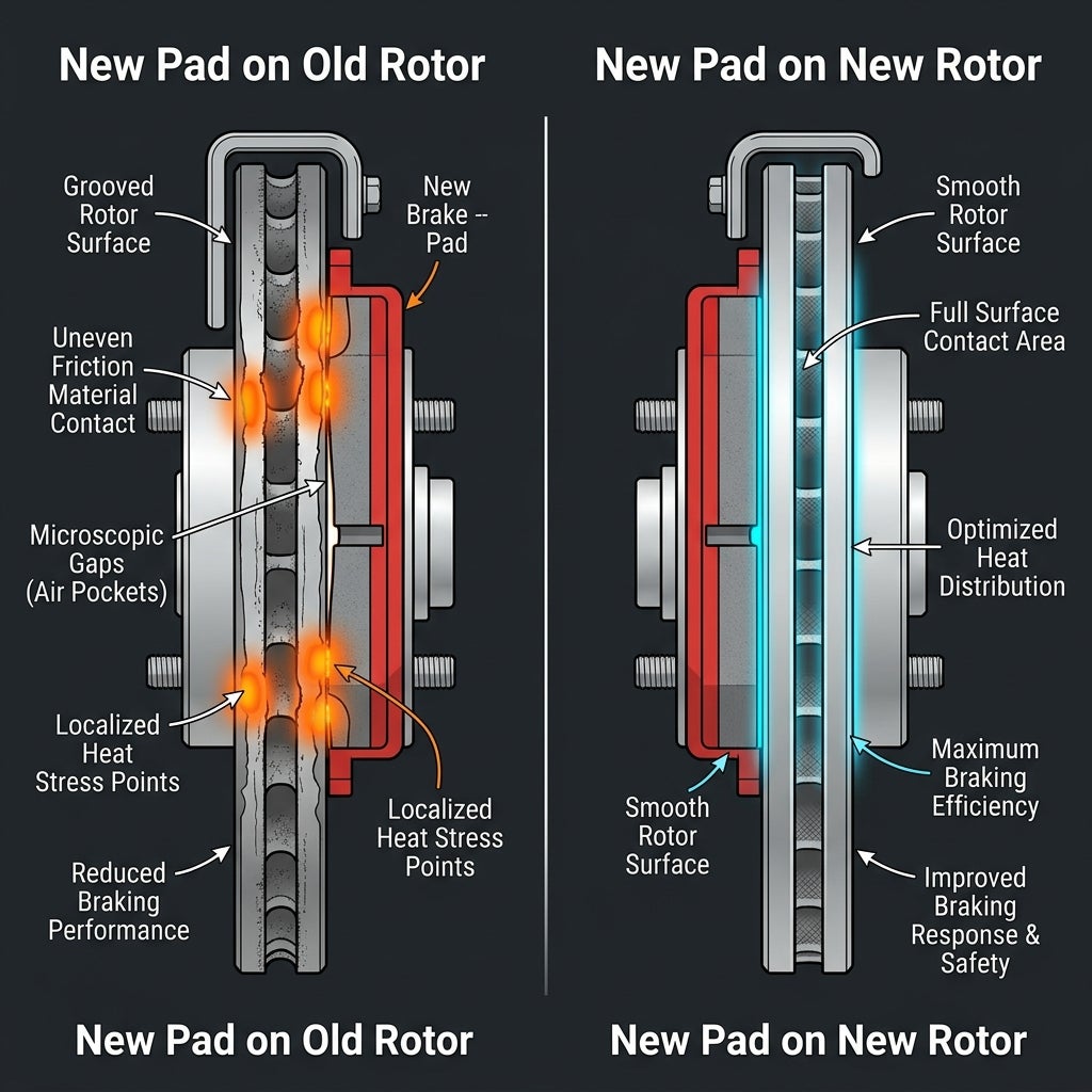 Infographic comparing brake pad contact and heat distribution on an old grooved rotor versus a new smooth rotor. (Representative image for illustration purposes only. Actual vehicle may vary based on trim and configuration.)