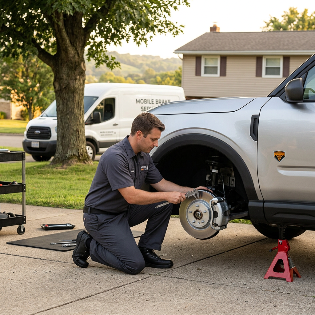 A mobile brake service technician measuring a silver SUV's brake rotor with calipers in a driveway. (Representative image for illustration purposes only. Actual vehicle may vary based on trim and configuration.)