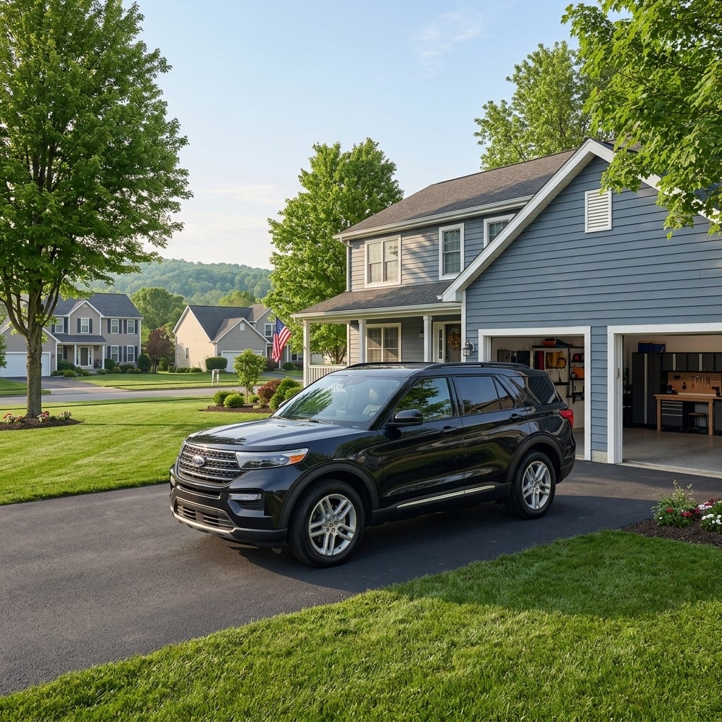 A realistic, medium-wide shot of a clean, late-model Ford Explorer parked in the paved driveway of a modest, two-story clapboard house in East Liverpool, Ohio, during a bright, early June morning, the scene captures a middle-class suburban neighborhood with mature maple trees and lush green lawns, s