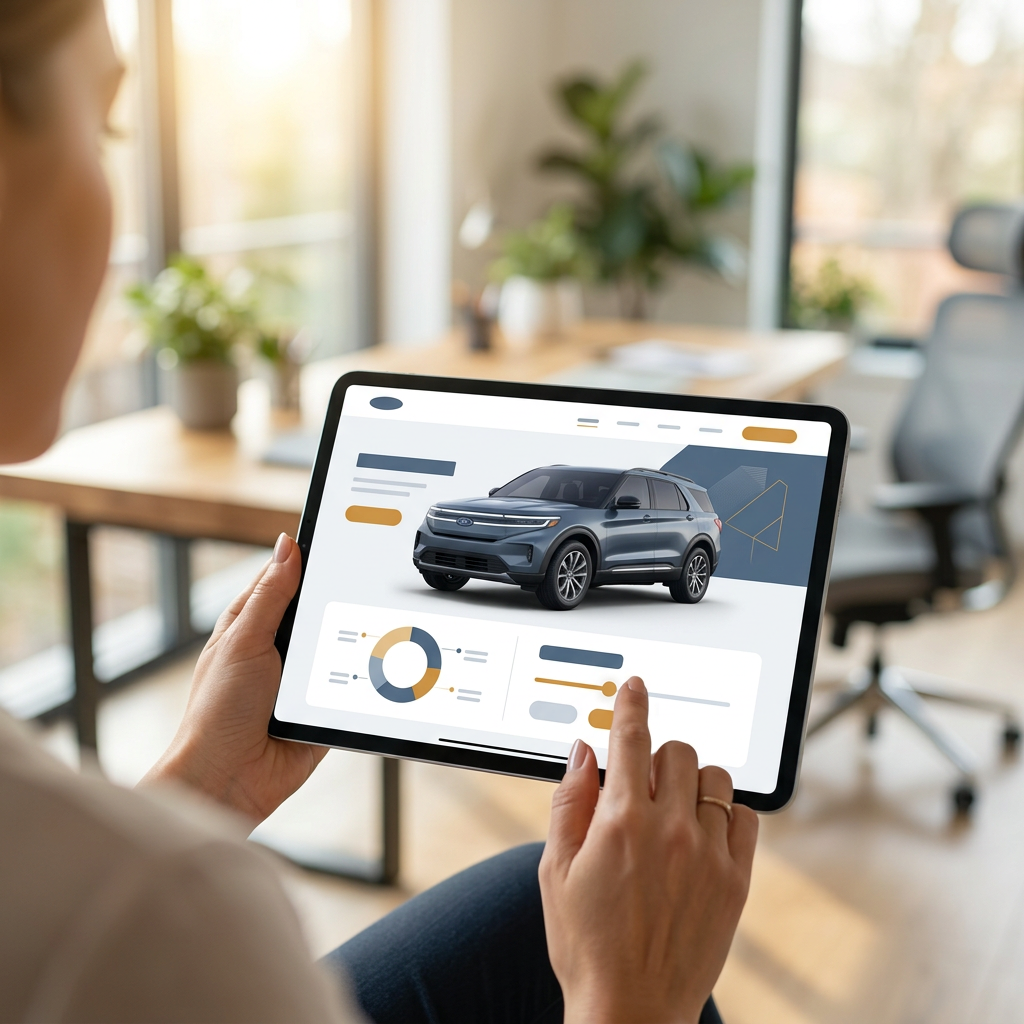 Close-up of a person holding a tablet showing an automotive app interface with a blue SUV and data charts.
