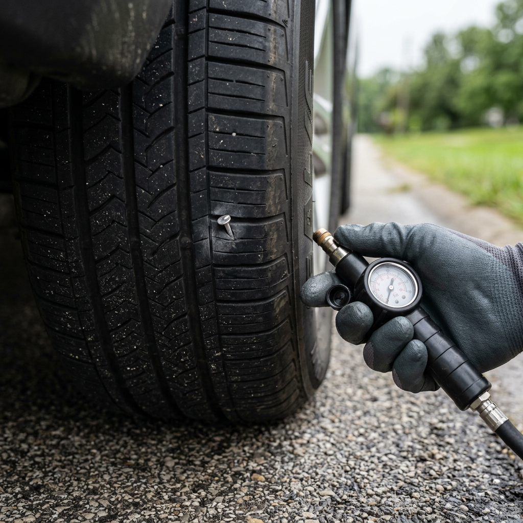 A nail embedded in a car tire's tread while a gloved hand holds a pressure gauge nearby. (Representative image for illustration purposes only. Actual vehicle may vary based on trim and configuration.)