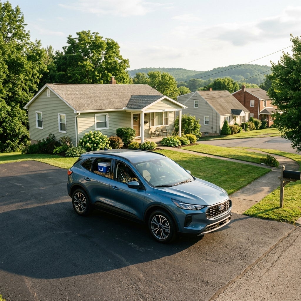 2026 Ford Escape Active on a clean asphalt driveway of a modest, well-maintained mid-century siding home, East Liverpool, Ohio, suburban neighborhood context, gently rolling Appalachian hills in the soft-focus background, lush green deciduous trees, late June afternoon, bright and clear summer sky, 