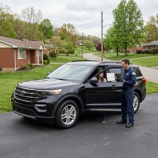 A detailed, realistic eye-level medium shot of a modern Ford Explorer parked in a clean, asphalt driveway of a modest, 1950s-style brick ranch home in Calcutta, Ohio, late spring afternoon, Friday, May 15, 2026, soft overcast sky with filtered sunlight reflecting off the vehicle's polished surface, a Ford Mobile Service technician in a professional navy blue uniform is standing by the open passenger door, holding a crisp white new cabin air filter, the surrounding neighborhood features gently rolling terrain with lush green lawns and budding deciduous trees typical of the Appalachian Plateau, quiet suburban street with utility lines and mature maples in the background, cool and clear spring air, natural and inviting atmosphere, no people's faces visible, focusing on the maintenance task and the fresh interior comfort, cinematic realism, photography style.