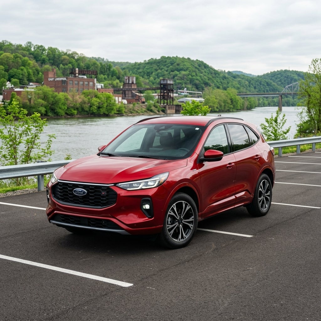 A 2026 Ford Escape ST-Line Select crossover in Rapid Red metallic paint, parked on a clean asphalt lot near the riverfront in East Liverpool, Ohio, the Ohio River visible in the background under a soft overcast sky, late May afternoon light, lush green spring foliage on the rolling Appalachian hills