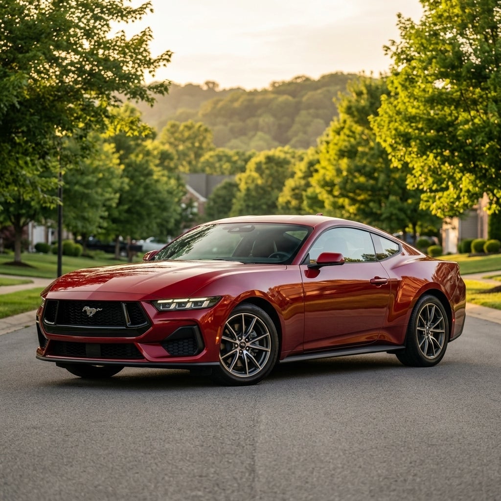Red Ford Mustang sports car parked on a suburban street surrounded by green trees during golden hour. (Representative image for illustration purposes only. Actual vehicle may vary based on trim and configuration.)