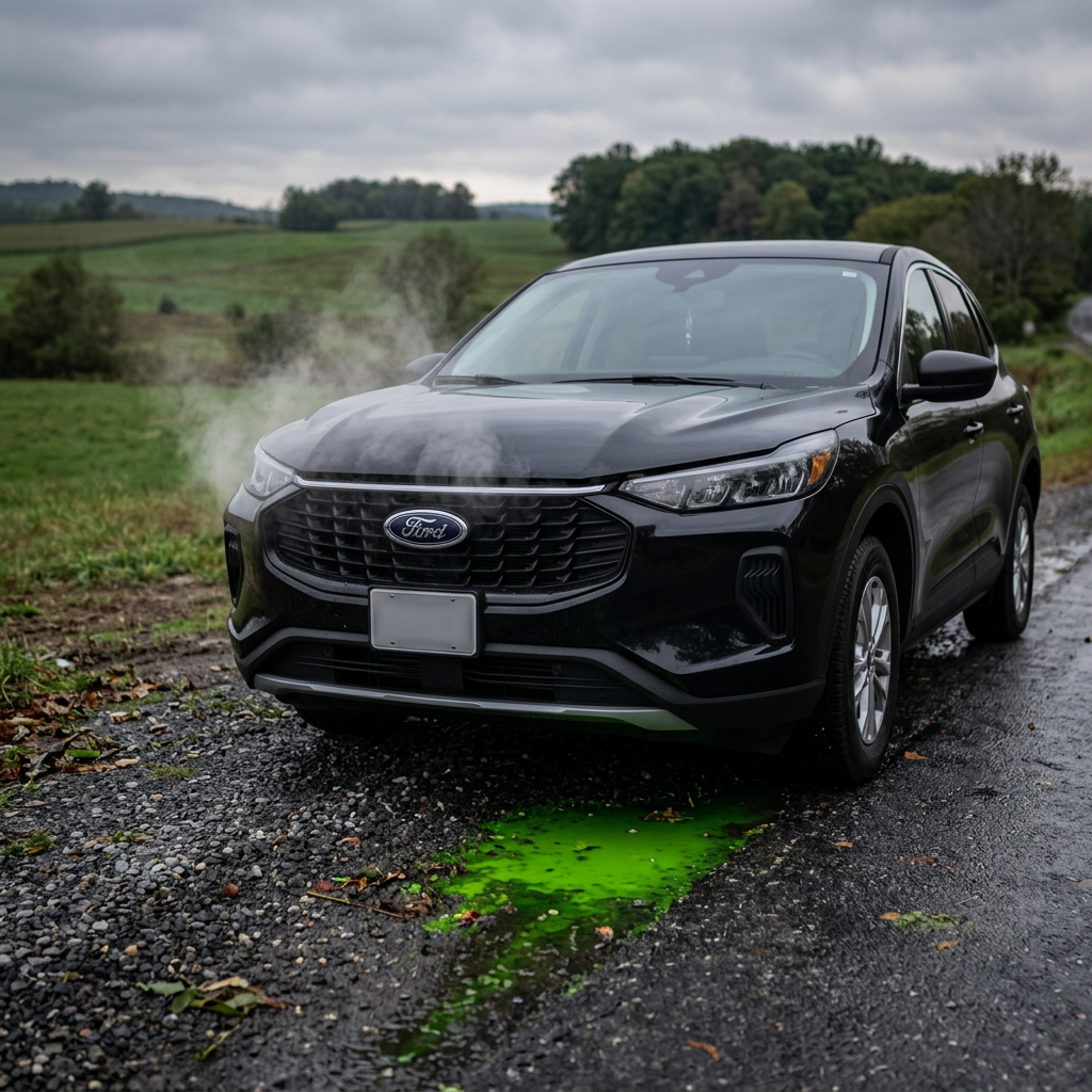A black Ford SUV on a gravel roadside with steam rising from the hood and bright green fluid leaking underneath. (Representative image for illustration purposes only. Actual vehicle may vary based on trim and configuration.)