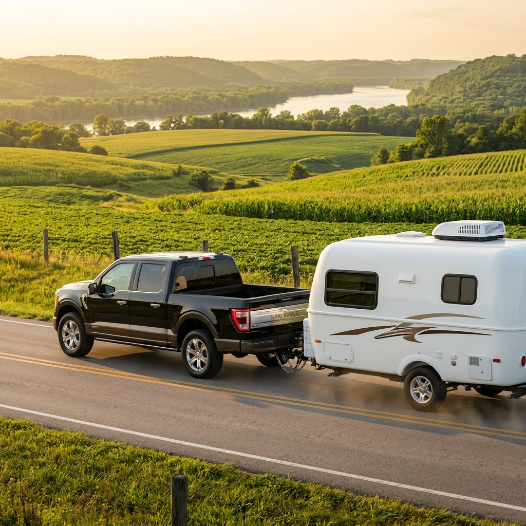 A black pickup truck towing a small white camper trailer along a rural, two-lane road at sunset. (Representative image for illustration purposes only. Actual vehicle may vary based on trim and configuration.)