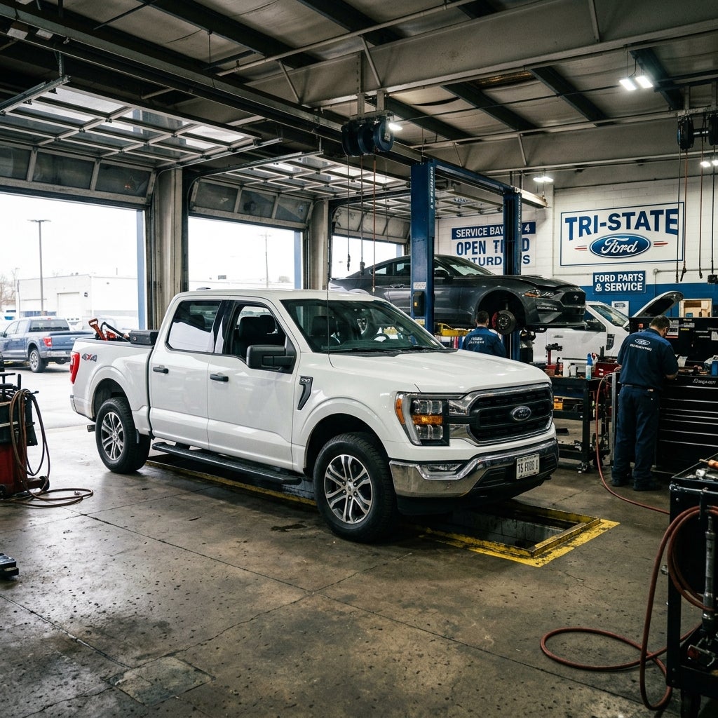 Cinematic automotive photography of a 2026 Ford F-150 XLT positioned inside a service bay at tristate ford