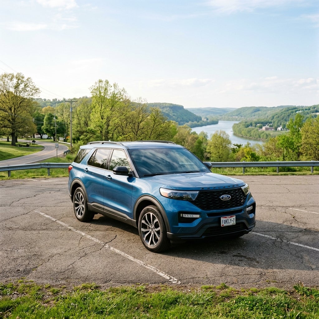 2026 Ford Explorer, professional automotive comparison shot, wide-angle front three-quarter view, set in a realistic public park parking lot in East Liverpool, Ohio, late spring afternoon, May 15th, clear bright sky with soft hazy sunshine, gentle river bluffs and the Ohio River visible in the dista