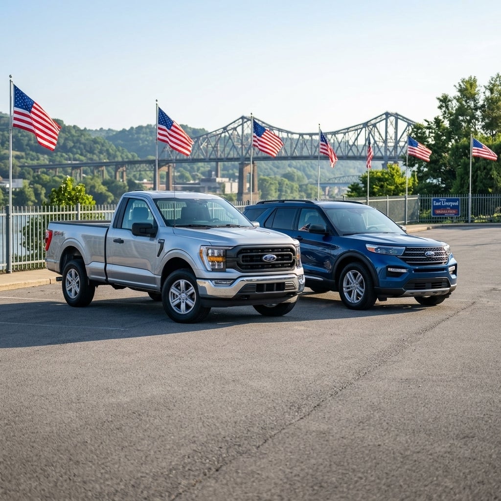 A cinematic, wide-angle automotive photograph of a new silver Ford F-150 and a deep blue Ford Explorer parked prominently on a clean lot in East Liverpool, Ohio, the rolling green hills and industrial bridge architecture of the Ohio River Valley visible in the soft-focus background, bright morning s