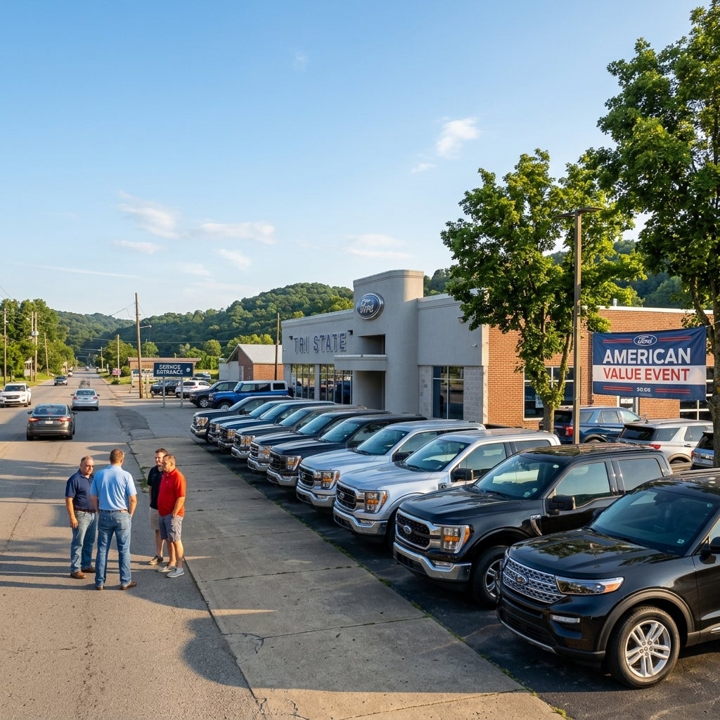 Wide-angle, eye-level shot of a clean, bustling Ford dealership lot in East Liverpool, Ohio, late June afternoon, warm golden hour sunlight, clear blue sky with a few wispy clouds. The focal point is a line of new Ford F-150 and Explorer models parked on a paved lot, bright reflections on their poli