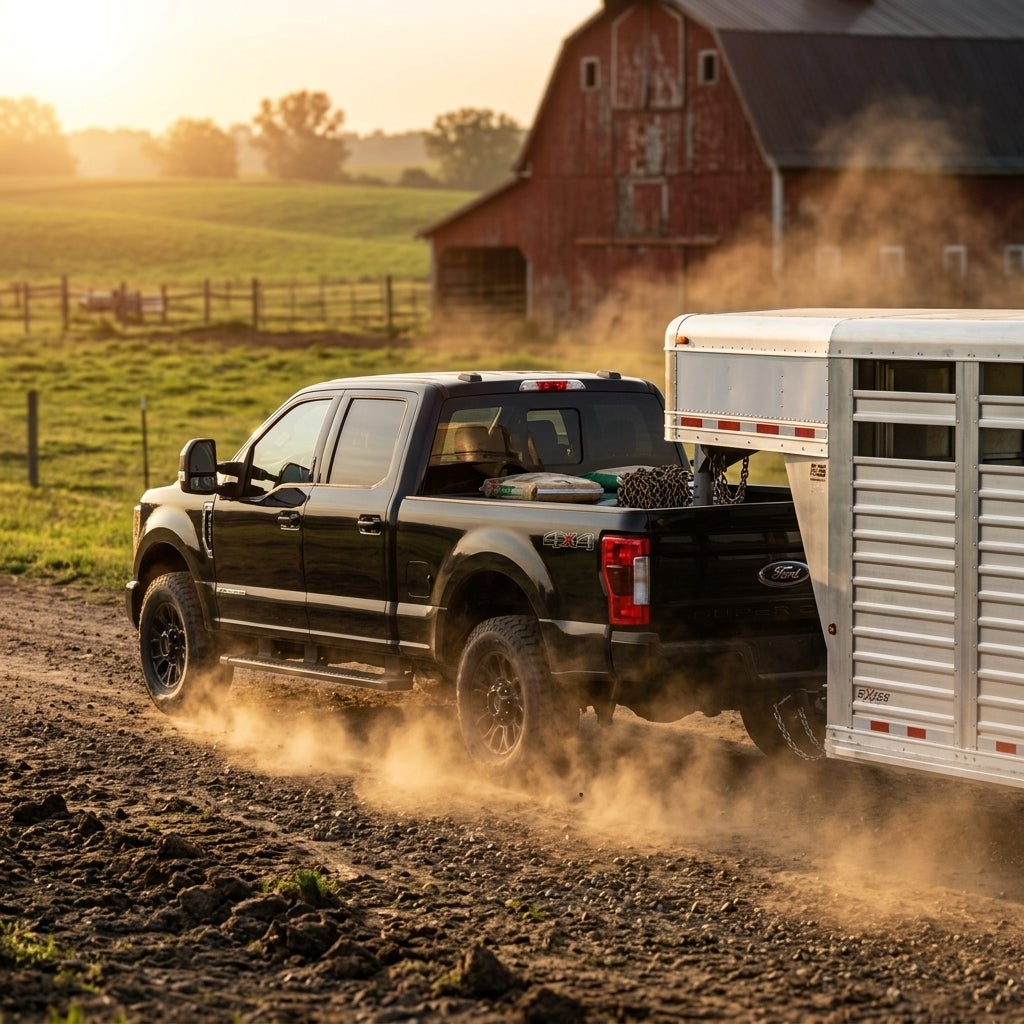 A black Ford pickup truck driving on a dirt road while towing a large silver trailer near a red barn. (Representative image for illustration purposes only. Actual vehicle may vary based on trim and configuration.)