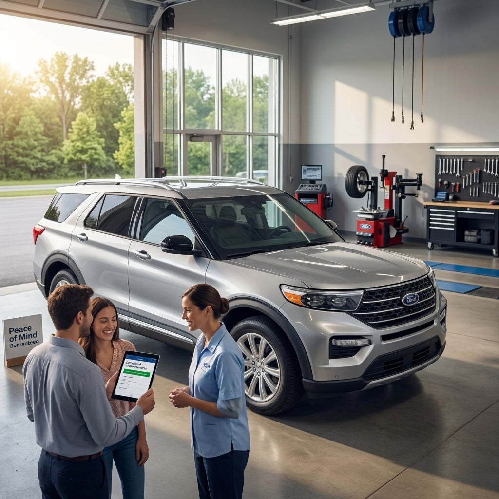 Cinematic commercial photography, a modern silver family SUV parked inside a pristine, sun-drenched automotive service center in the American Midwest, a professional service advisor in a clean uniform showing a digital tablet to a young couple who look relieved and happy, a warm and secure atmospher