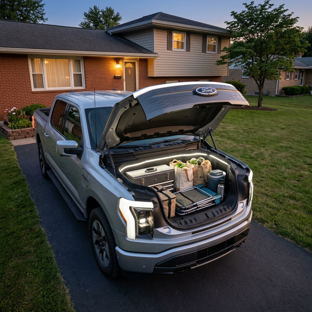 Silver Ford F-150 Lightning parked in a driveway with its front trunk open, filled with gear, groceries, and a cooler. (Representative image for illustration purposes only. Actual vehicle may vary based on trim and configuration.)