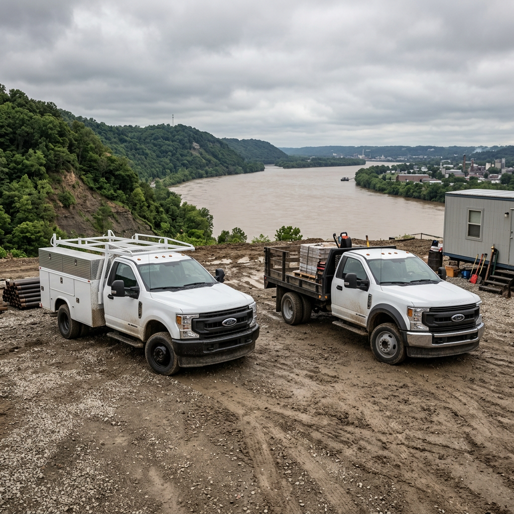 Two white Ford Super Duty utility trucks parked on a muddy overlook with a river valley in the background. (Representative image for illustration purposes only. Actual vehicle may vary based on trim and configuration.)