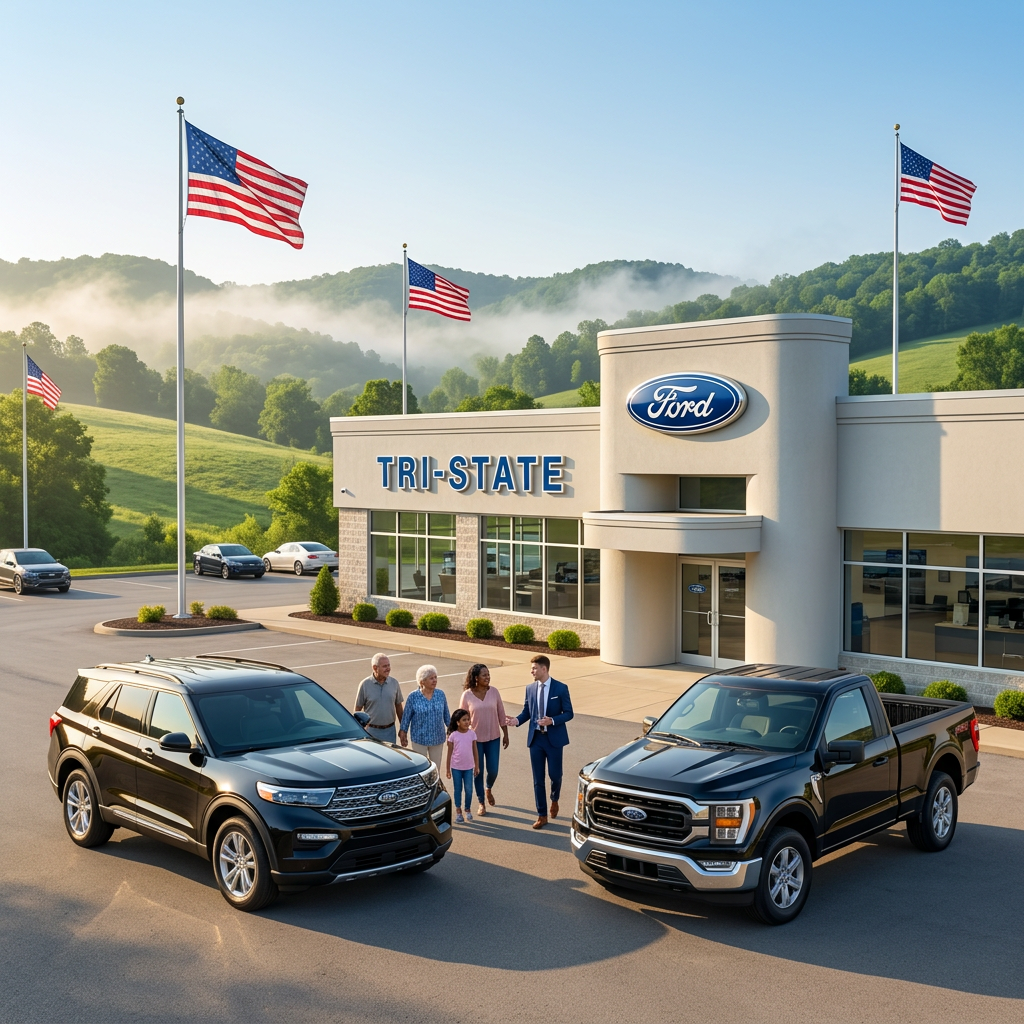 A family talks to a car salesman outside Tri-State Ford dealership, with an SUV and pickup truck in the foreground.
