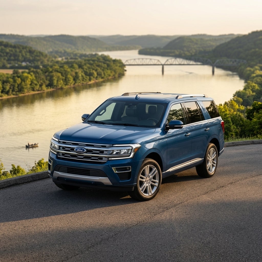A wide-angle, cinematic automotive photograph of a sleek 2026 Ford Expedition in a deep metallic blue finish, parked on a scenic paved overlook high above the winding Ohio River. The setting features the characteristic rolling hills of the tri-state area with a mix of lush green trees and soft golde