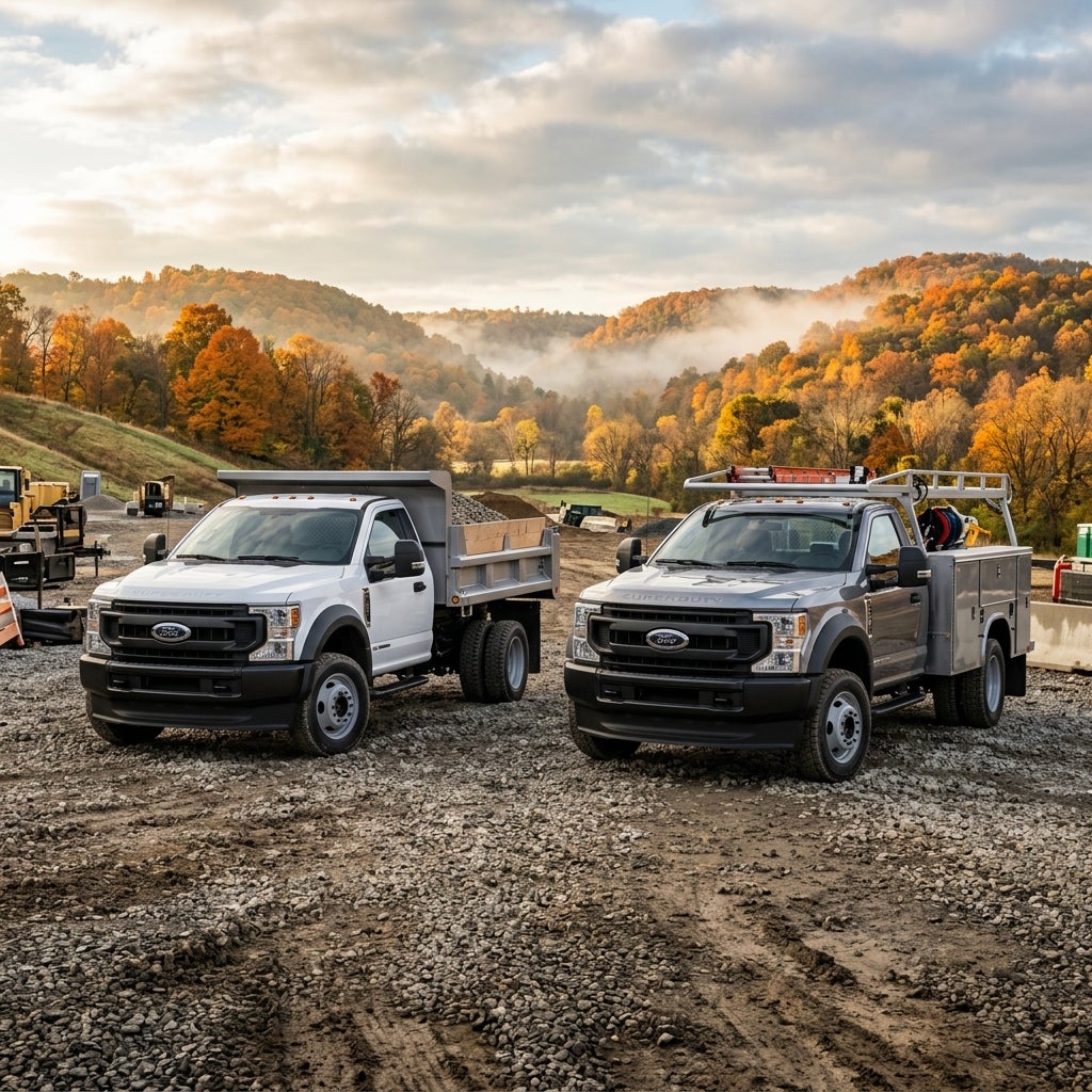 Two Ford Super Duty commercial trucks, a white dump truck and a silver utility truck, on a gravel work site in autumn. (Representative image for illustration purposes only. Actual vehicle may vary based on trim and configuration.)