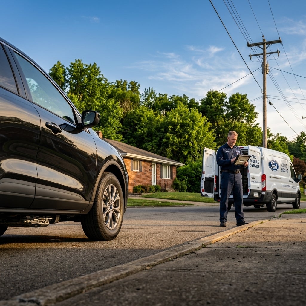 2026 Ford Escape crossover, parked on a modest asphalt driveway of a 1950s ranch-style brick home in East Liverpool, Ohio, late afternoon sun of a warm June day, lush green deciduous trees and overgrown shrubs in the background, a middle-aged male technician in a Ford service uniform standing beside