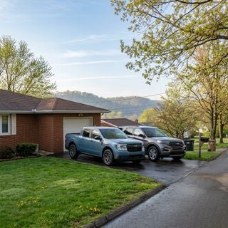Ford Maverick pickup truck and Ford Explorer SUV, parked together on a clean asphalt driveway of a modest mid-20th century brick ranch-style home, East Liverpool Ohio riverfront bluffs visible in the soft background, mid-May spring morning, hazy sunlight filtering through budding oak and maple trees, vibrant green lawn with small patches of dandelions, wet pavement reflecting a light morning dew, clear blue sky with thin wispy clouds, realistic suburban neighborhood setting, working-class residential character, eye-level medium shot, naturalistic lighting, color palette of earthy brick reds, fresh spring greens, and the metallic blues and grays of the vehicles, peaceful and dependable mood, high detail, sharp focus.