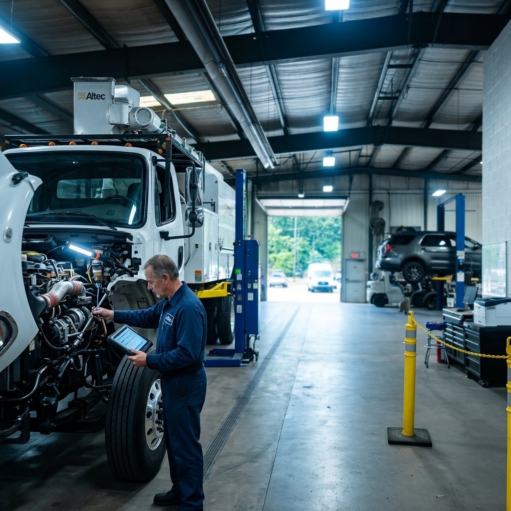 Cinematic wide shot of a professional automotive service bay in the American Midwest, an experienced mechanic in a clean blue uniform meticulously inspecting a modern truck engine with a digital diagnostic tablet, focus on the intricate mechanical components and specialized tools, bright industrial 