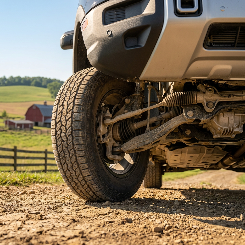 Low-angle shot of a truck's front suspension, tire, and undercarriage on a dirt road with a barn in the background. (Representative image for illustration purposes only. Actual vehicle may vary based on trim and configuration.)