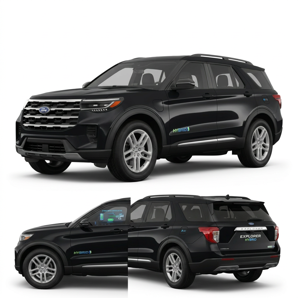 Studio shots of a black Ford Explorer Hybrid shown from front-three-quarter and rear-three-quarter angles. (Representative image for illustration purposes only. Actual vehicle may vary based on trim and configuration.)
