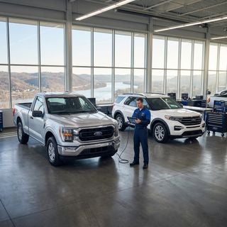 Cinematic wide-angle shot of a pristine silver Ford F-150 and a modern white Ford Explorer parked in a service bay, a professional technician in a clean uniform holding a digital diagnostic tablet while standing near the vehicle, through large glass windows the background reveals rolling hills of East Liverpool Ohio along the shimmering Ohio River, bright natural morning light casting soft shadows, a clean color palette of Ford blue, metallic silver, and crisp whites, high-detail automotive photography, soft bokeh background, a palpable sense of efficiency and reliability, sharp focus on the vehicle’s polished chrome grille, hyper-realistic textures.