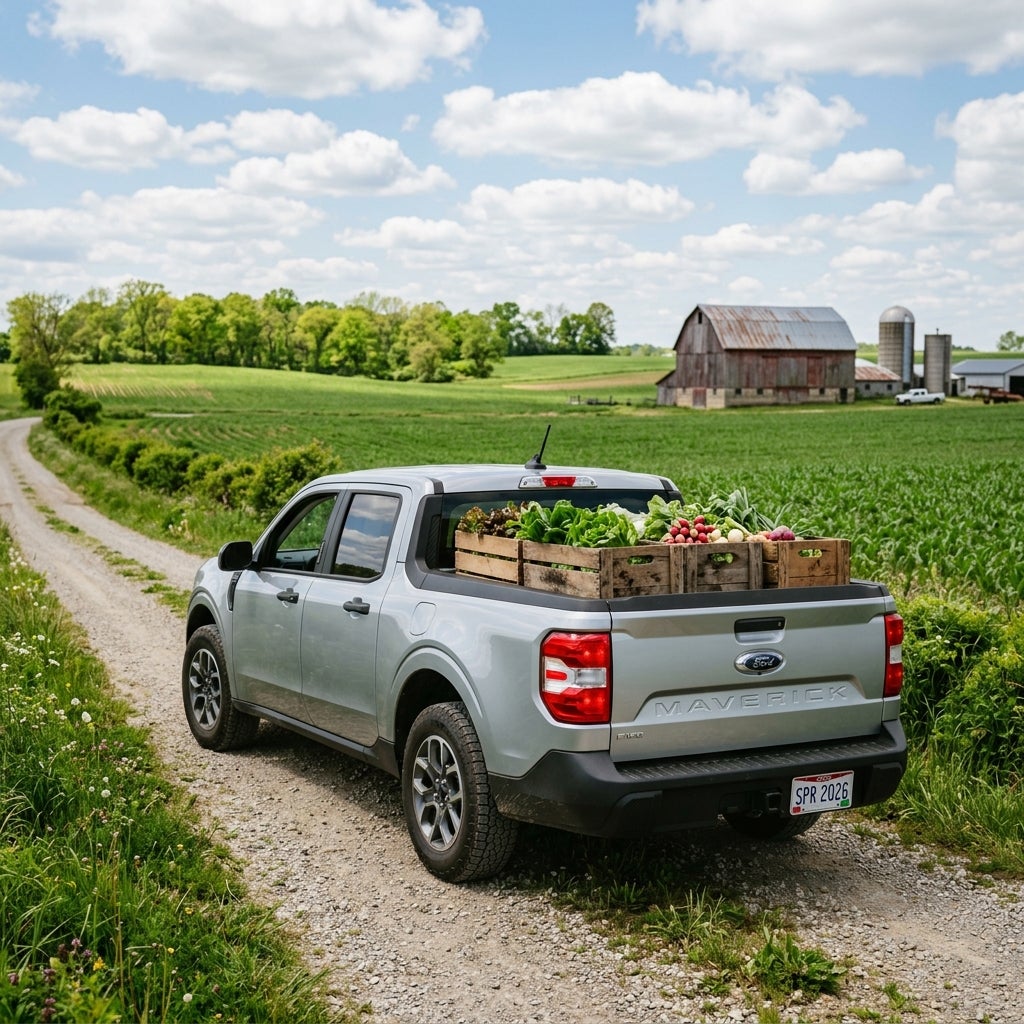 A 2026 Ford Maverick compact pickup truck, silver paint finish, parked on a narrow gravel farm road in the rural outskirts of Springfield Township, Ohio, May afternoon light, mild spring weather, scattered white clouds in a bright blue sky, lush green fields and emerging crops in the background, a s