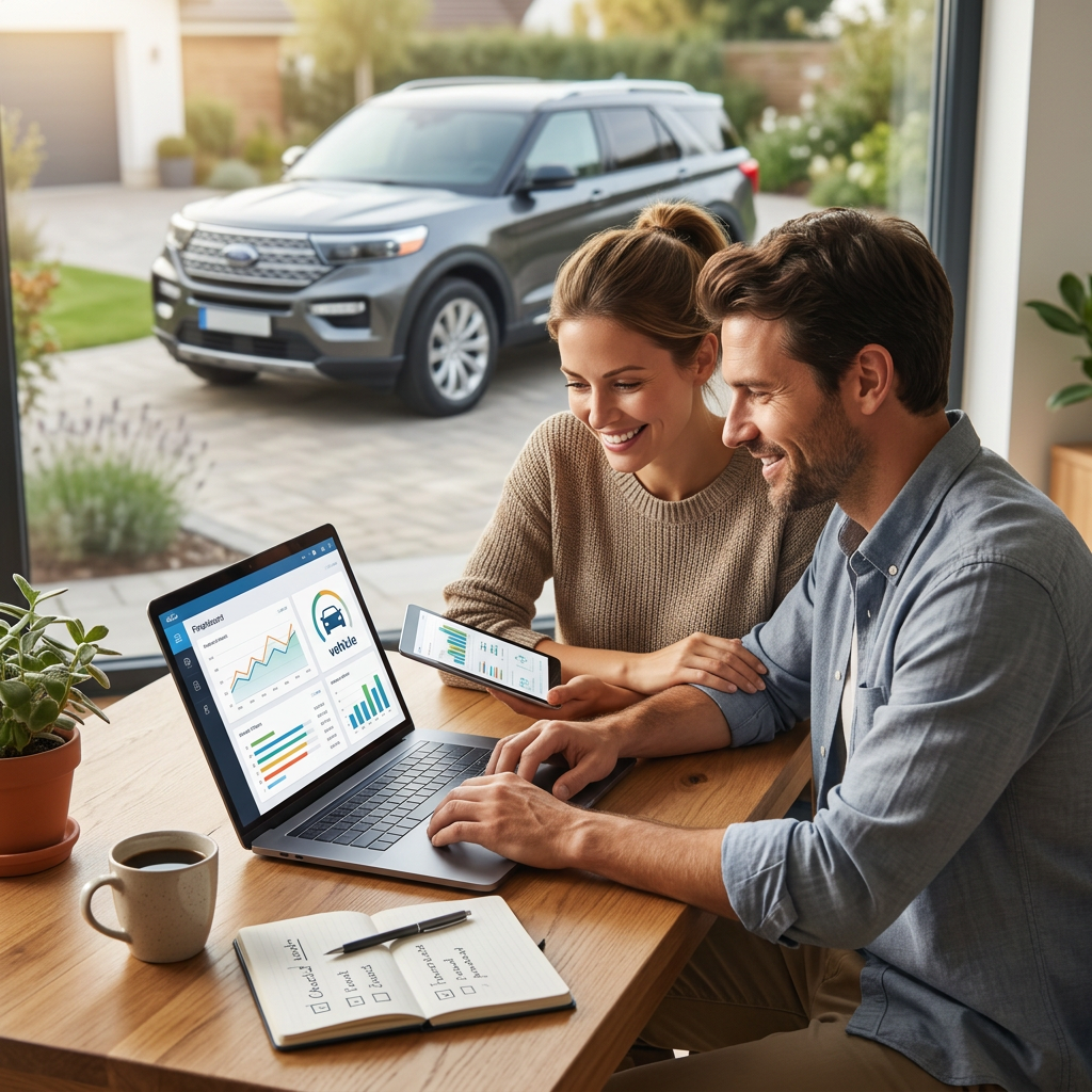 Smiling couple reviewing vehicle financing charts on a laptop inside, with an SUV parked in the driveway. (Representative image for illustration purposes only. Actual vehicle may vary based on trim and configuration.)