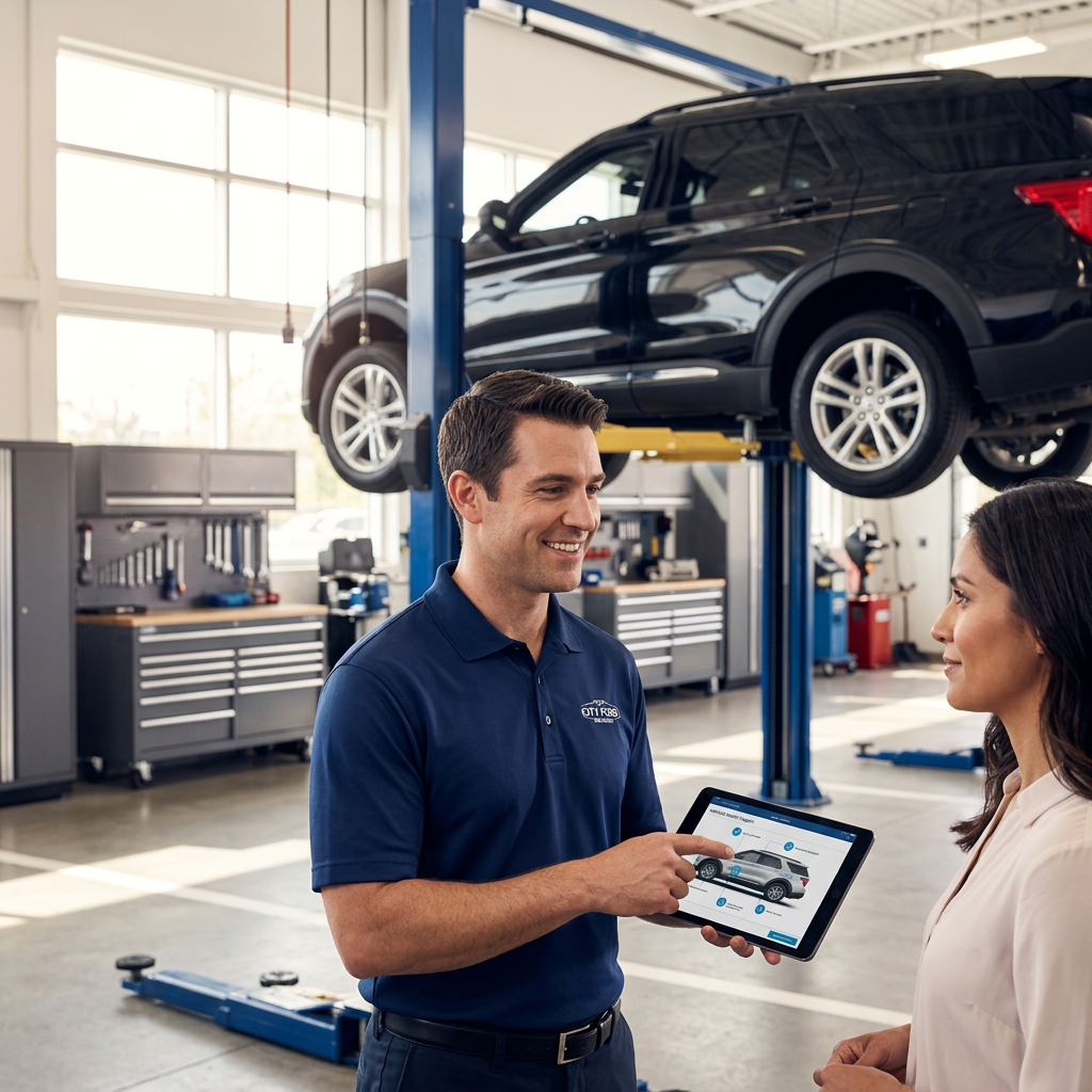 A service advisor in a blue polo shows a car diagnostic tablet to a customer in an auto repair shop.