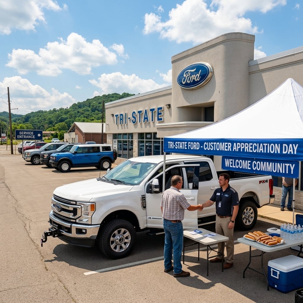 Ground-level eye-level shot, bustling Ford dealership lot in East Liverpool, Ohio, late morning in mid-June, vibrant blue sky with scattered white clouds, warm summer sunlight casting sharp shadows, a new Ford Super Duty truck in a practical Oxford White finish is the central focal point, high-paylo