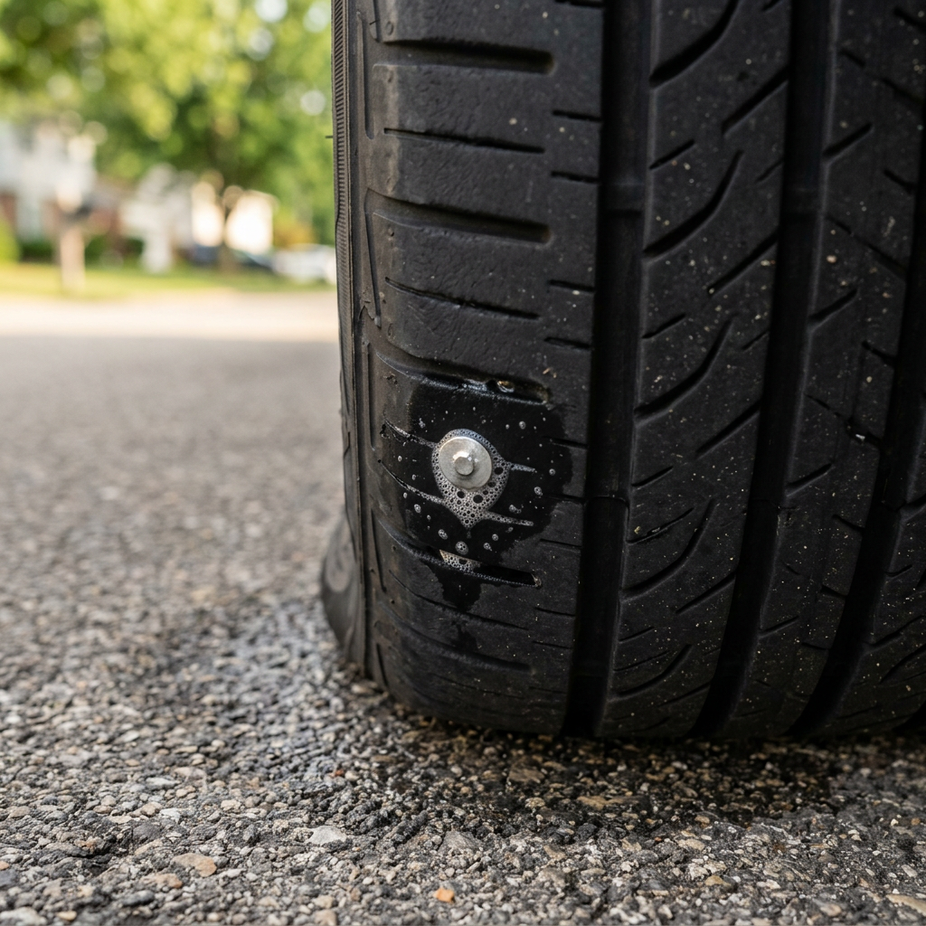 A close-up of a car tire with a screw embedded in the outer tread, surrounded by soapy water bubbles showing a leak. (Representative image for illustration purposes only. Actual vehicle may vary based on trim and configuration.)