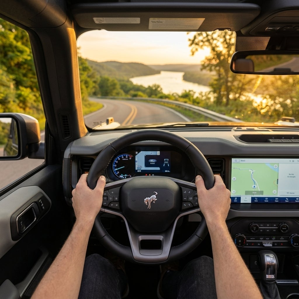 Cinematic driver's perspective shot from inside a modern vehicle, a perfectly centered and level leather-wrapped steering wheel as the focal point, hands resting lightly at the ten and two positions, looking out through the windshield at a winding asphalt road traversing the lush green bluffs of the